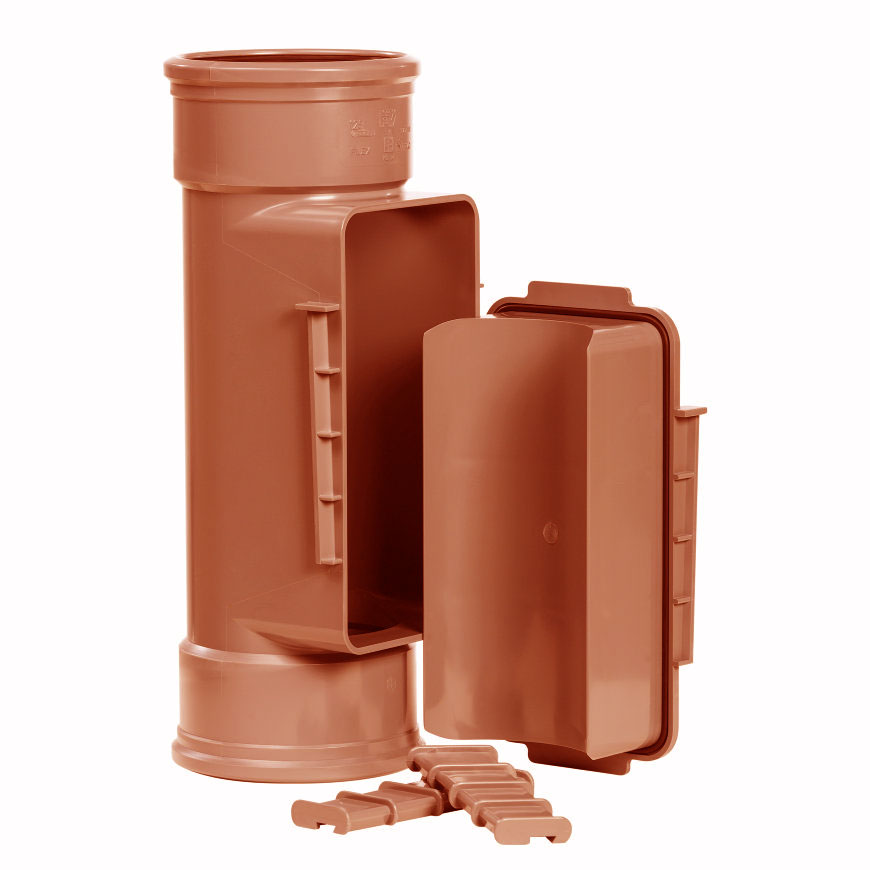 Pipelife PVC ontstoppingsstuk bruin mof/mof met klemdeksel en wiggen, SN8, Komo, met stroomprofiel