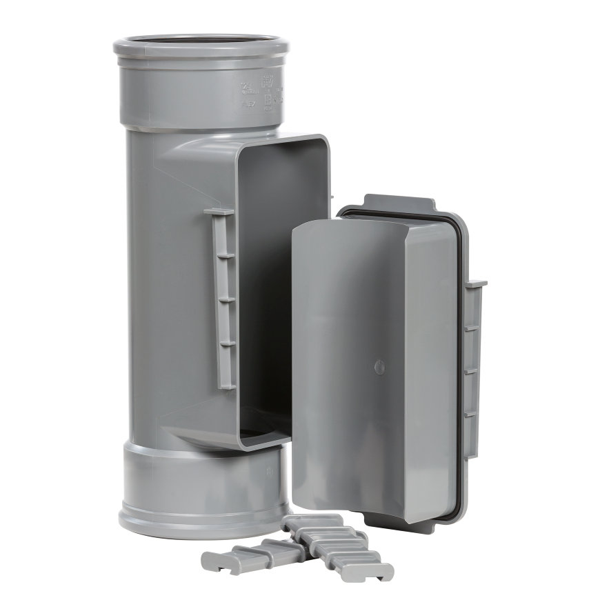 Pipelife PVC ontstoppingsstuk grijs mof/mof met klemdeksel en wiggen, SN8, Komo, met stroomprofiel