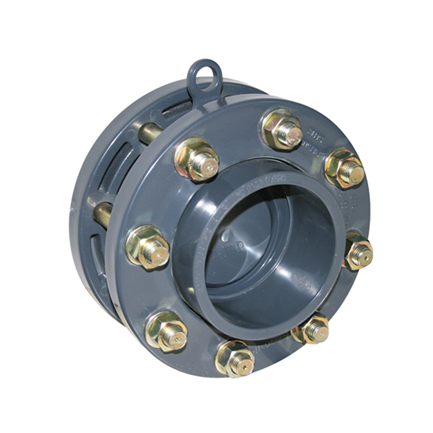 PVC HD terugslagklep tussen flenzen, compleet gemonteerd