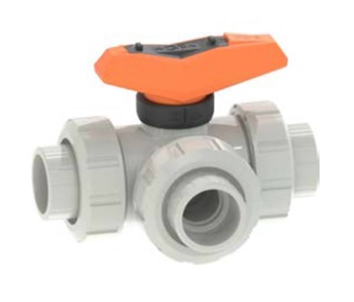 +GF+ PVC-FKM 3-weg kogelkraan met L-boring PN10