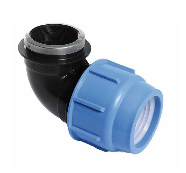 PE knel schroefknie 90° met bi.dr. Kiwa