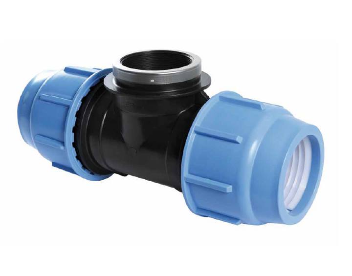 PE knel schroef T-stuk 90° met bi.dr. Kiwa