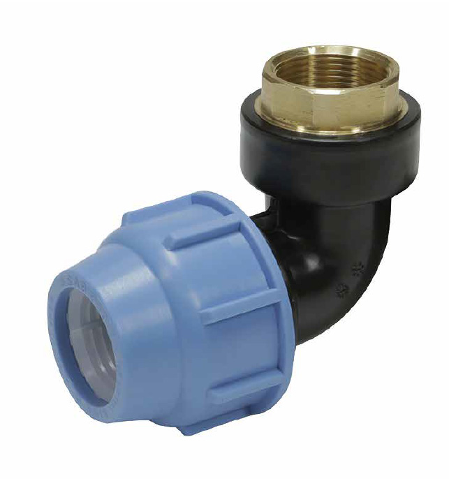 PE knel x messing schroefknie 90° met bi.dr.