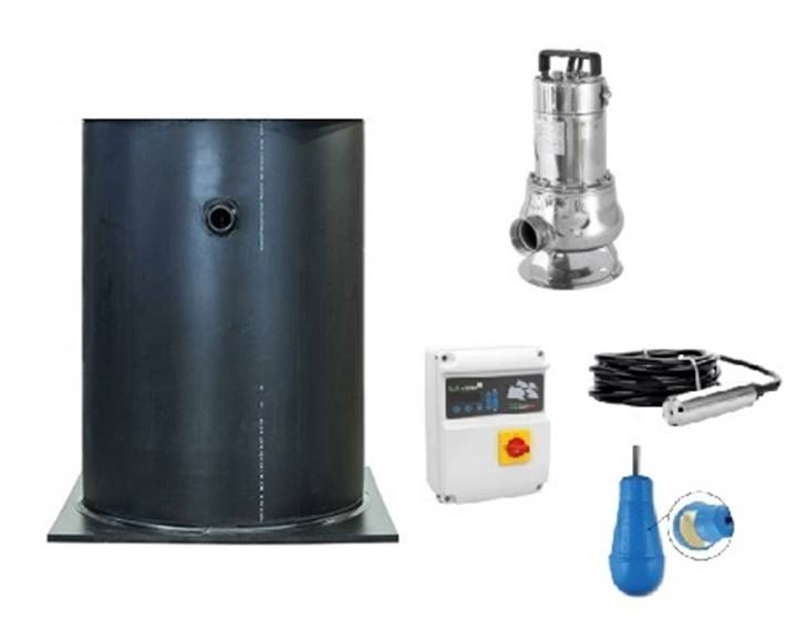 Pompput H2Q HDPE 800mm H=1400mm met bodemplaat 1000mm, schacht verjongd 630mm, enkel pomps met besturing, niveausonde & vlotter