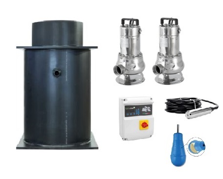 Pompput H2Q HDPE 1400mm H=1200mm met bodemplaat 1300mm, schacht verjongd 630mm, dubbel pomps met besturing, niveausonde & vlotter