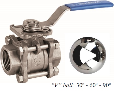 Genebre (2025V) RVS 316 kogelkraan 3-delig met V-kogel 2xbi.dr. met BSP draad ISO 5211 PN63