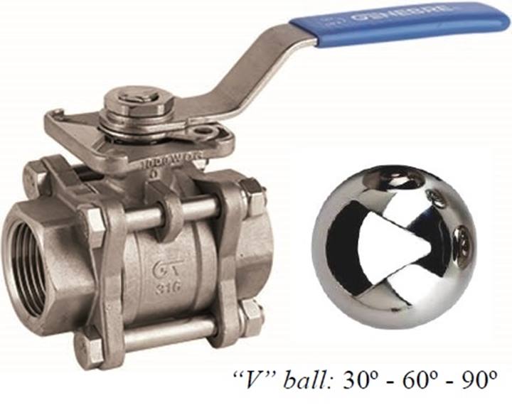 Genebre (2025V) RVS 316 kogelkraan 3-delig met V-kogel 2xbi.dr. met BSP draad ISO 5211 PN63