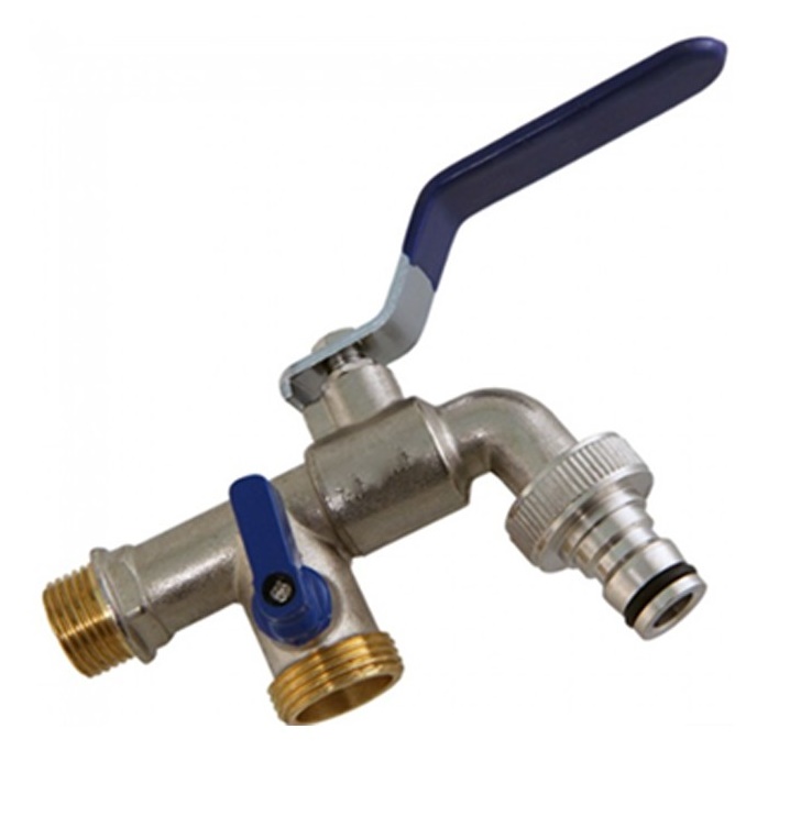 Messing aftapkraan dubbel 1/2"x3/4"x3/4" met click aansluiting PN16