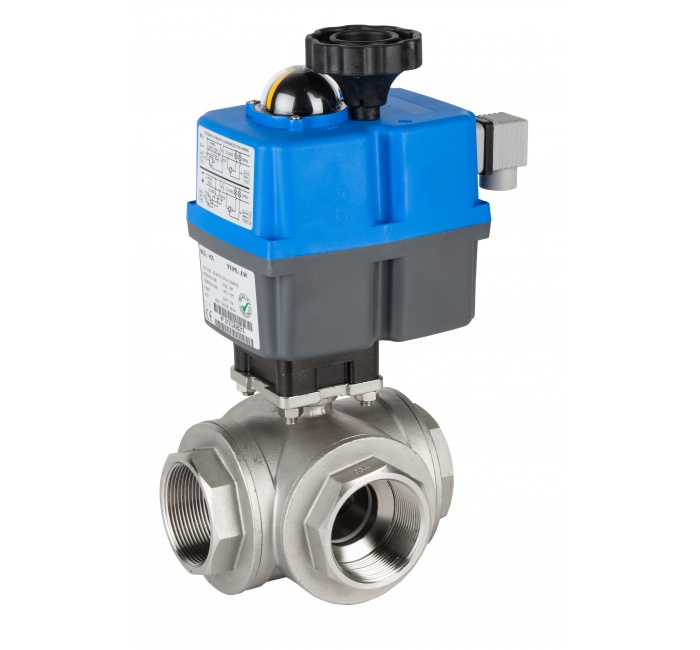 Genebre (5640) RVS 316 3-weg kogelkraan L-boring (2040) + actuator 24-240V