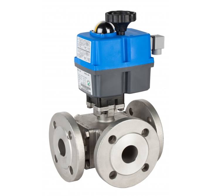 Genebre (5642E) RVS 3-weg kogelkraan met L-boring en DIN flenzen (2540E) + actuator 24-240V