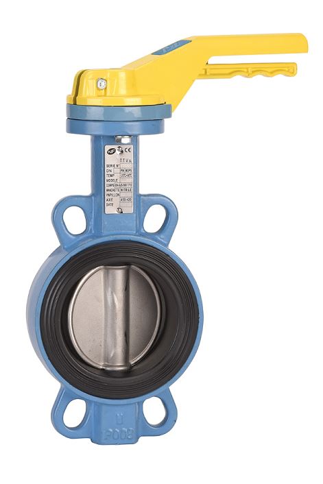 Gietijzeren vlinderklep 1141 met hendel voor Gas, type Wafer, 5 bar, RVS klep