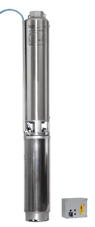 Well Pumps 4" WPS P kit, bronpompset 230V met kabel, stekker en nylon veiligheidskoord
Inclusief controlbox, watergevulde motor