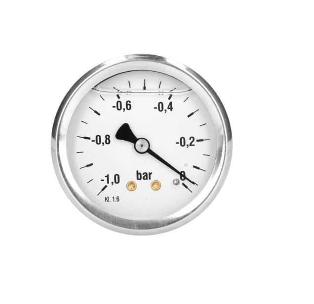 Manometers met RVS kast, glycerine gevuld, met achteraansluiting