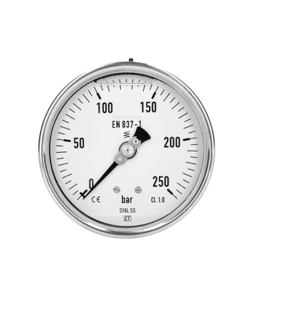 Manometers volledig RVS, glycerine gevuld, met achteraansluiting