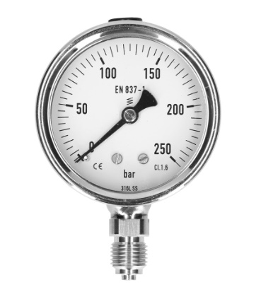 Manometers volledig RVS, glycerine gevuld, met onderaansluiting