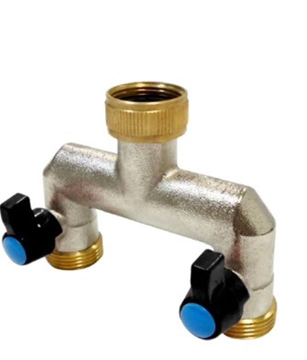 2-weg kraanverdeler, messing vernikkeld, 1x 3/4" wartel x 2x 3/4" bu.dr.