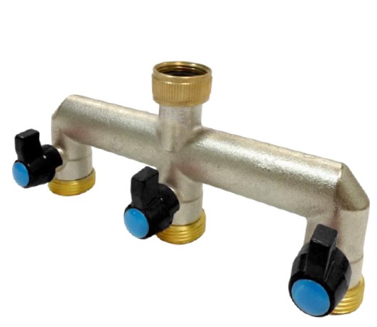 3-weg kraanverdeler, afsluitbaar, messing vernikkeld, 1x 3/4" wartel x 3x 3/4" bu.dr.