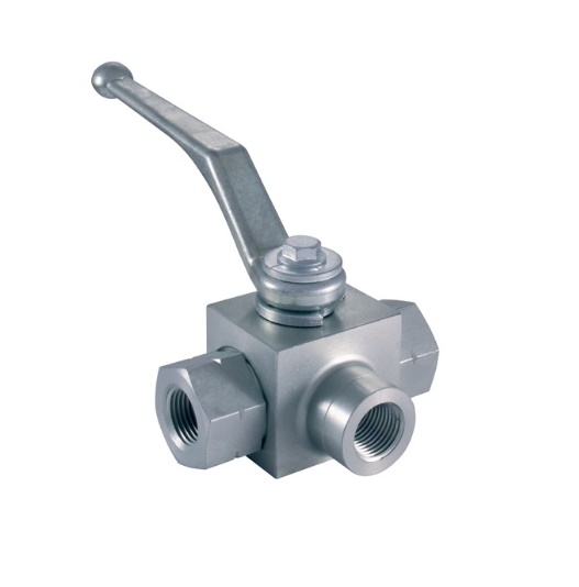 Staal verzinkt 3-weg kraan met T-boring 3x bi.dr. hydrauliek