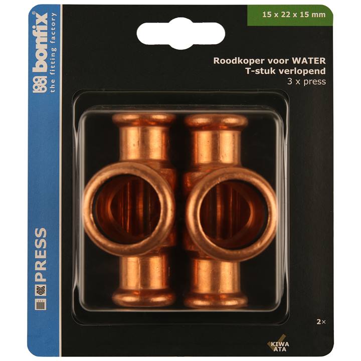 BONFIX Blister Press roodkoper water T-stuk verlopend 15x22x15 2x