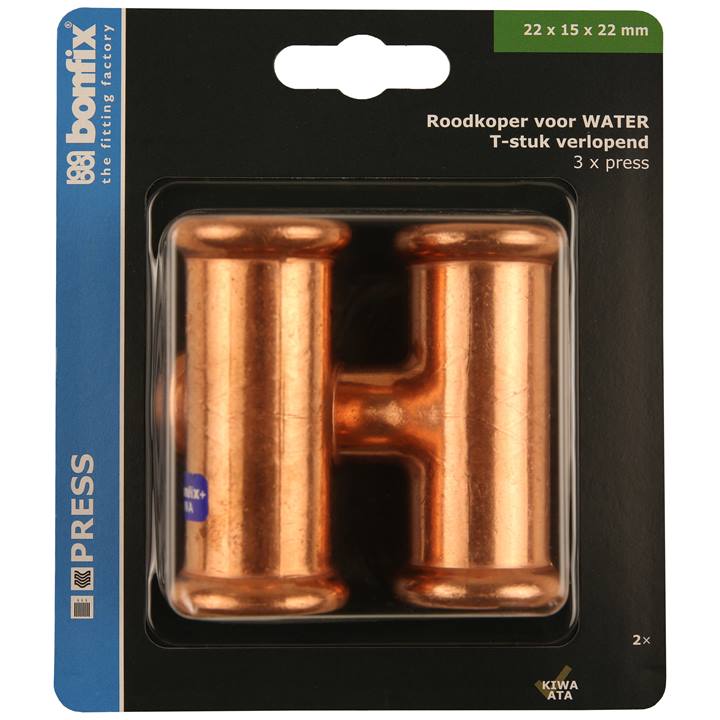 BONFIX Blister Press roodkoper water T-stuk verlopend 22x15x22 2x