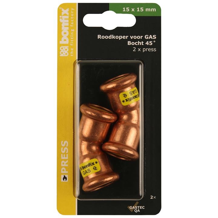 BONFIX Blister Press roodkoper Gas Bocht 45° 15x15mm 2x