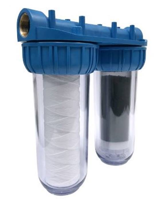 Duplex 10" regenwaterfilters Doorlaat 1800 liter/uur, aansluiting 2 x 3/4" binnen (met sleutel, beugel, 1 koord- en 1 actieve kool filter)