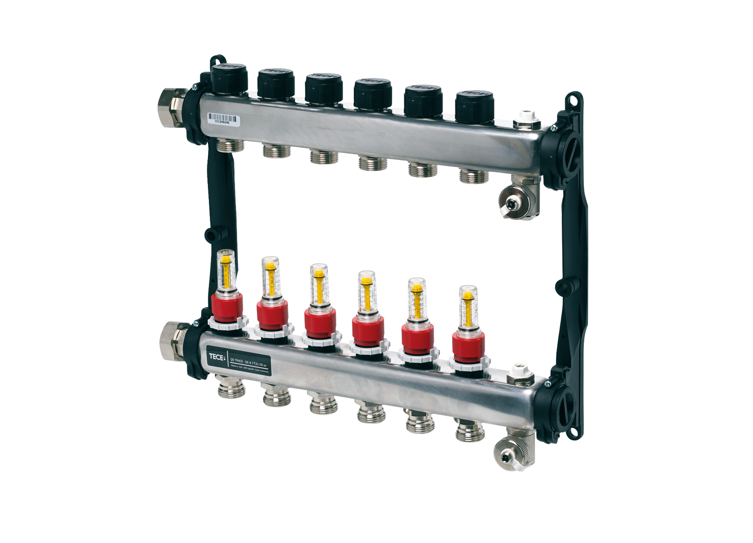 TECEfloor SLQ rvs verdeler met flowmeter, 2 groepen, gepolijst, 1 bi.dr. vlakke dichting